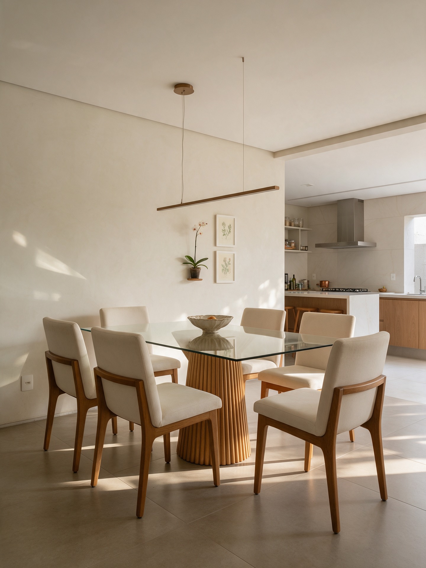 Jantar conceitual com mesa de vidro, cadeiras de madeira e tons suaves.