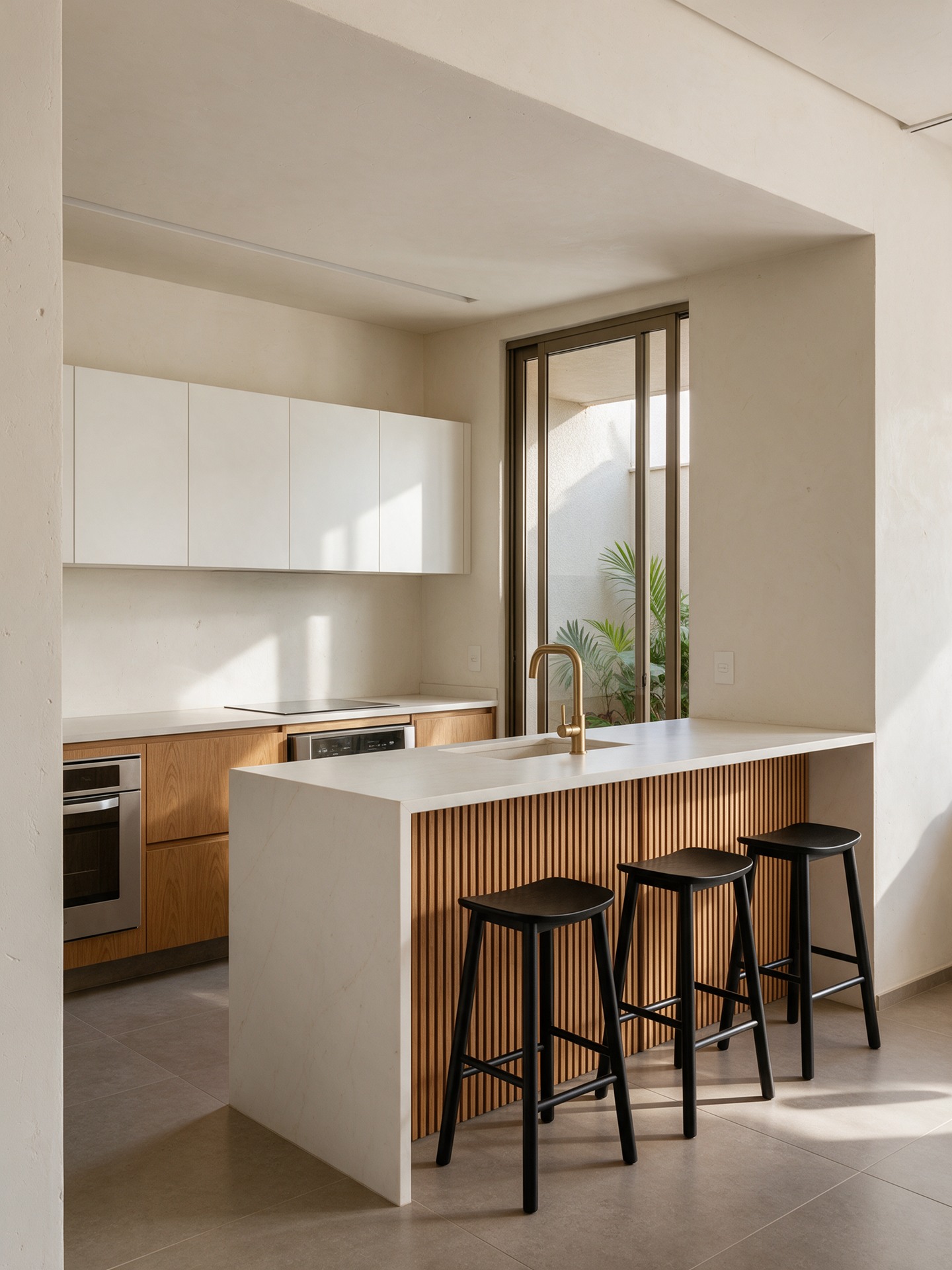 Cozinha conceitual com bancada de pedra clara e marcenaria de madeira.
